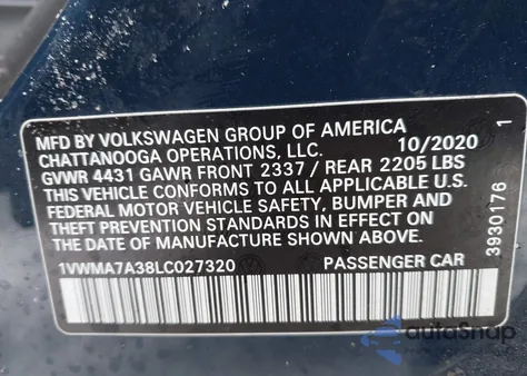 2020 Volkswagen Passat 2.0T R-Line из США, поврежденный, VIN 1VWMA7A38LC027320